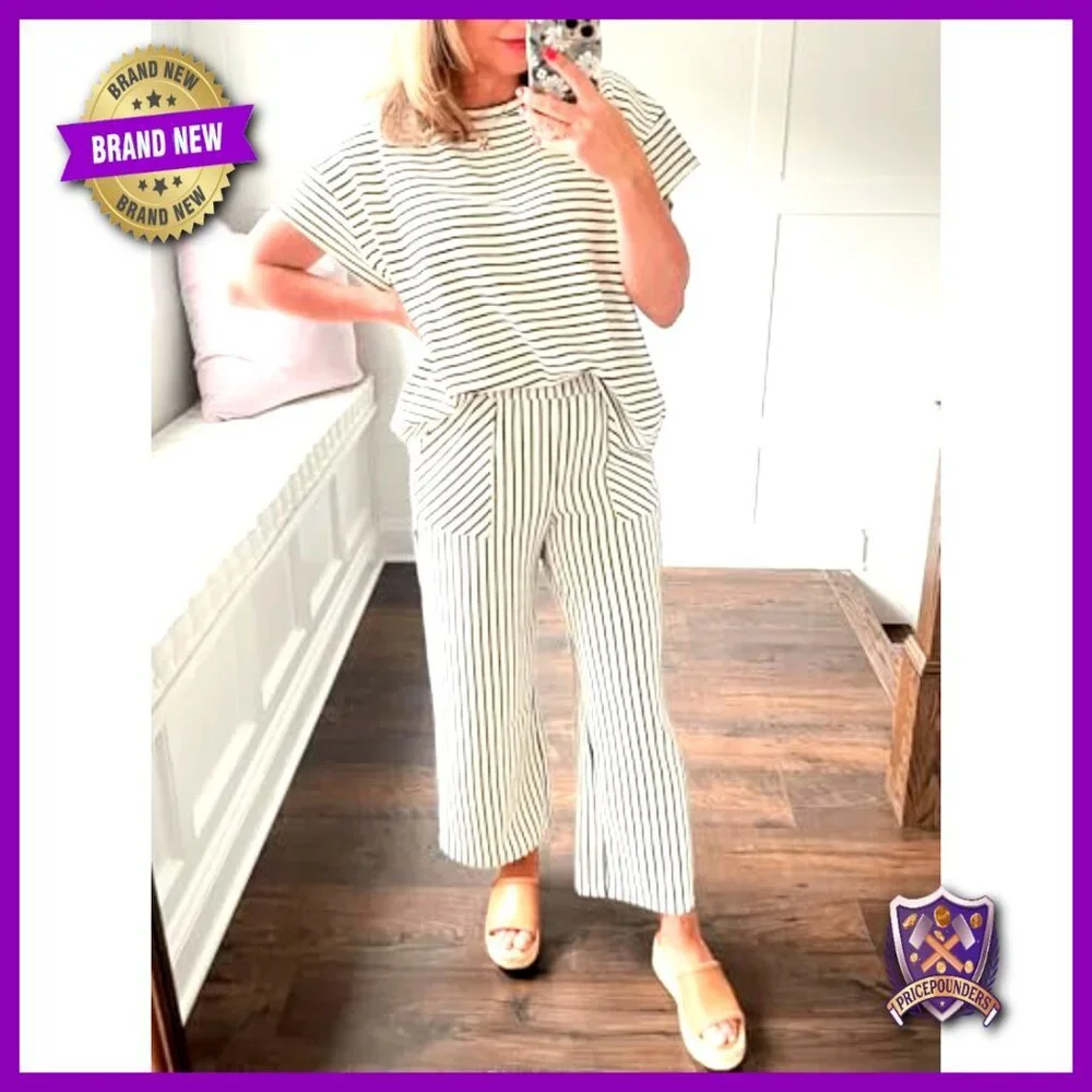 Striped Two Piece Lounge Set Short Sleeve Top Wide Leg Pants Oversized Chic